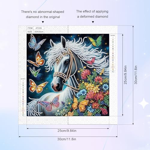 5D Special Shape Diamond Art Kits for Beginners, Diamond Art Painting Kits for Adults, Crystal Rhinestones Diamond Art Painting for Home Wall Decoration Gift 12×12 inch, White Horse Butterfly
