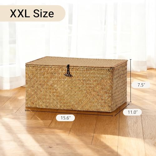 Nonam Large Wicker Basket with Lid,Seagrass Shelf Storage Basket,Natural