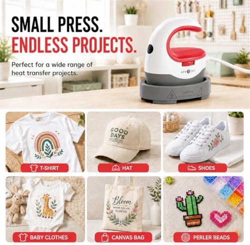 HTVRONT Heat Press Mini Heat Press Machine, Mini Iron for Crafts | Heats Up Quickly & 3 Heat Setings, Perler Beads Iron, Small Heat Press Machine for T Shirts, Hats