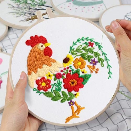 Louise Maelys Embroidery Kit Canvas Tote Bag for Beginners, Floral Rooster