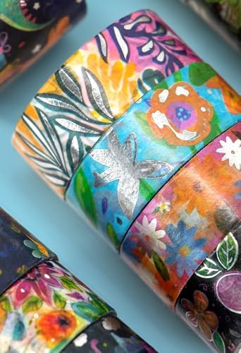 NANYNNU Dinosaur Washi Tape Set, 13 Rolls Silver Foil Cute Washi Tapes, Kawaii Floral Decorative Masking Tape for Journaling Supplies, Scrapbooking, Bullet Journal, Planner Decoration, DIY Crafts
