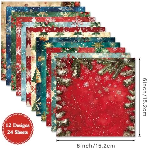 6inch Christmas Scrapbooking Paper Pad, 24 Sheets Snowflakes Aesthetic Patterned Decorative for DIY Art Crafts Collage XmasTrees Journals Decoupage Folded Supplies Gift Cards Photo Album