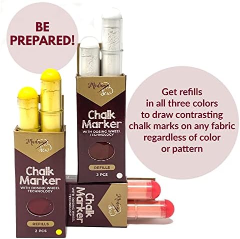 Madam Sew Refillable Tailors Chalk for Fabric - Washable Fabric Markers for Sewing and Quilting with Dosing Wheel, Tailor Chalk Pen for Precise Marking on Cotton, Knit, Suede (White)