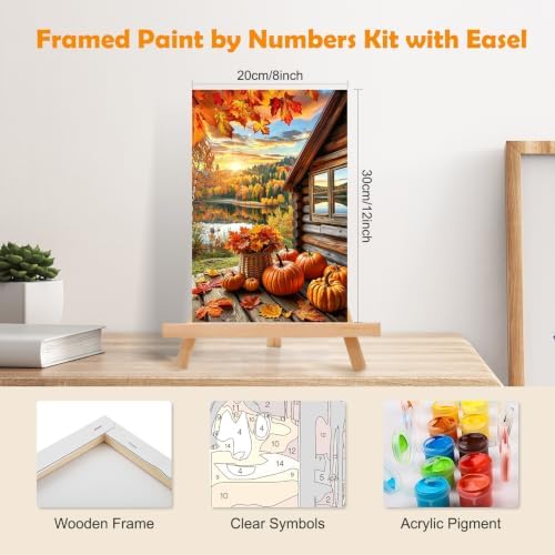 MOGTAA Fall Paint by Numbers Kit for Adults Beginners with Frame, Autumn Landsacpe Adult Paint by Number Kits on Canvas with Easel, Easy DIY Oil Painting Kits for Home Decor, 8x12in