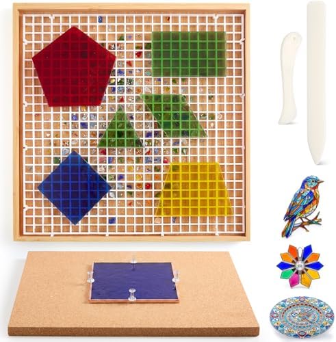 Roowest 12" x 12" Stained Glass Cutting Mat with Tray glasses Cutting Mat and 2 Burnishers Double Layer Detachable Design Stained Glass Supplies for DIY Craft Tool Scoring Severing Catching Shards