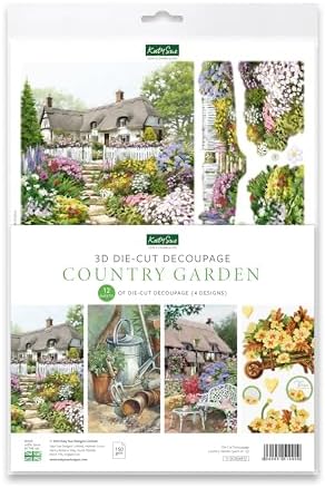 Katy Sue Designs Country Garden 3D Die-Cut Decoupage Sheets for Card Making. A Pack of 12 Sheets of Country Cottage, Gardening, and Floral-Themed Die Cuts for Card Making Supplies
