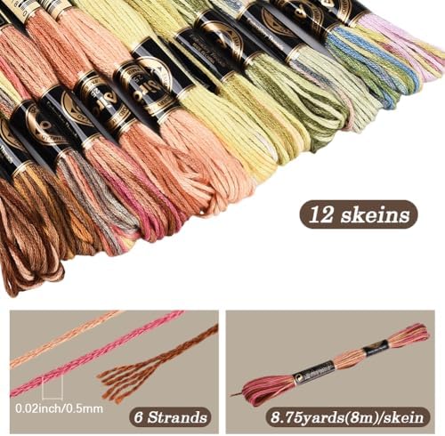 12 Skeins 105 Yards Cross Stitch Floss Colorful Embroidery Thread 6 Ply Variegated Polyester Friendship Bracelet String Bulk for Sewing Making Needlecraft Knitting Clothes Stitching Decor
