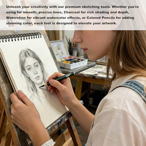 Sketchbook and Pencil Set - Spiral Bound Hardcover with 60 Sheets & 12 Charcoal Pencils (Hard/Medium/Soft) for Professional Artists and Beginners