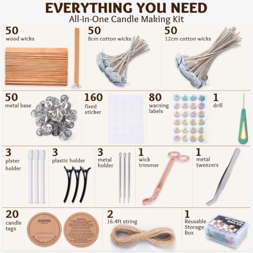 Candle Wicks Kit for Candle Making, 50 Wood Wicks