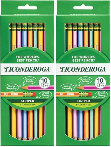 Ticonderoga® Striped Wood Pencils, 2 Soft Lead, Assorted Colors, Pack of 20