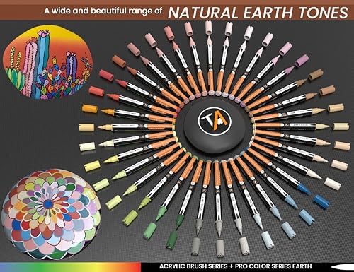 TOOLI-ART 36 Flexible Brush Tip Earth Tones Acrylic Paint Pens Markers Set 1-7mm Line for Rock Painting, Glass, Mugs, Wood, Metal, Canvas, Plastic. Non Toxic Waterbased Quick Drying