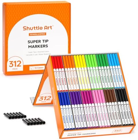 Shuttle Art Super Tip Washable Markers, 312 Pack Bulk, 12 Vibrant Colors