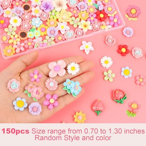 FOIMAS Flower Resin Flatback Charms,150pcs Spring Flower Embellishment Resin Miniatures Embellishment for Craft Slime Ornament Decoration Supply