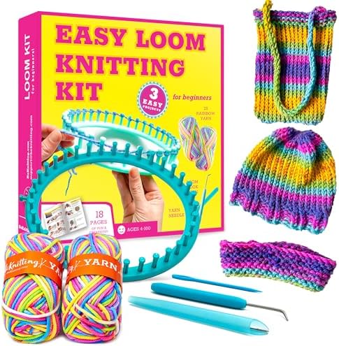 BeKnitting Loom Kit - Beginner Learn to Knit Hat, Bag and Headband for Kids & Adults | DIY Arts & Crafts w/Round Loom, Yarn, Crochet Hook, & Pen | Weaving | Holiday Gifts, Gift-Ready Box