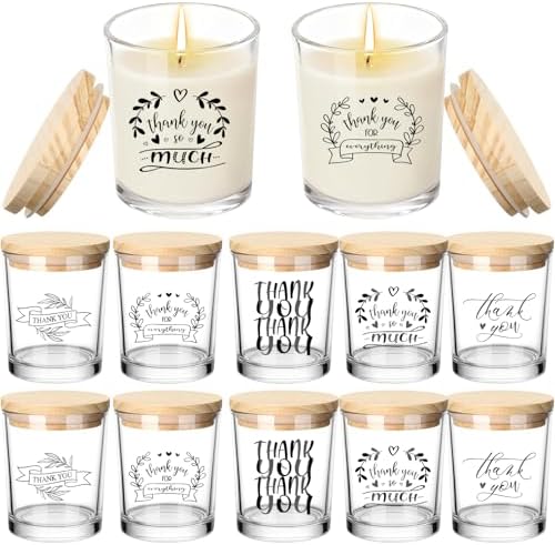 Ziliny 10 Pcs Thank You Heart Glass Candle Jars Empty Containers Bulk 7 oz Glass Jars with Cork Lids Tins for Holiday Candle Making Storing Biscuits Tea Party Favors
