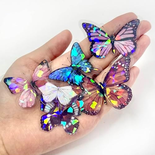 100 Pcs Holographic Butterfly Stickers, 4-Color Iridescent Transparent Vinyl Stickers for Water Bottles, Scrapbooking Supplies Journaling Laptop Decals, Waterproof Cute Bulk Pack for Adults