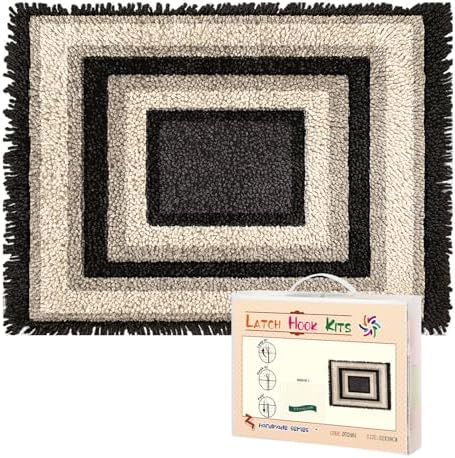 Latch Hook Rug Kit Modern Black and White Geometric Border Pre-Printed Handmade Carpet Crochet Yarn Craft DIY Hook and Latch Door Mat Tapestry for Home Floor Decoration 52x38cm-2