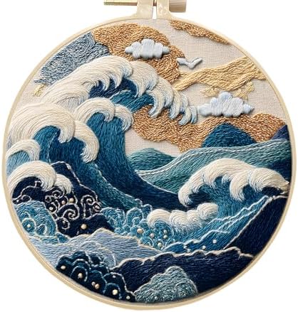 FONNUY Embroidery Kit for Beginners, Stormy Sea Wave Flowers Pre-Stamped Pattern Kits for Adults with Hoop, Easy to Follow Color Thread Needlework, 8'' Hoop (White)