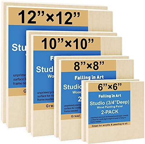 Falling in Art 8 Pack 4 Sizes Unfinished Birch Wood Canvas Panels Kit | Studio 3/4’’ Deep Wood Canvas, Cradle Boards for Painting, Pouring, Burning, Crafts, Epoxy Resin, Laser Engraving Cutting