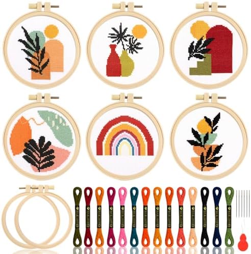 ZOIIWA 6PCS Boho Embroidery Kit for Beginners Adults Summer Cross Sewing Kits DIY Starter Hand Embroidery Kit with Needlepoint Patterns Hoop Threads Needles Instructions Craft Gift for Home Decor