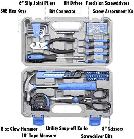 CARTMAN Complete Household Tool Set, Blue Hand Kit With Storage Case | Versatile tool assortment for home repairs, DIY projects, furniture setup, crafting, and daily household fixes in toolbox.