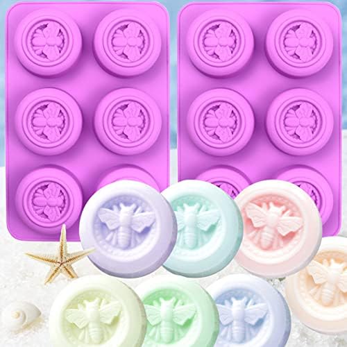 Bee Silicone Molds, 2 Pack Round Bee Soap Mold 6-Cavity | 3D Design Honeybee Silicone Mold for Soap Making, Lotion Bar Beeswax Resin Candle Chocolate Dessert