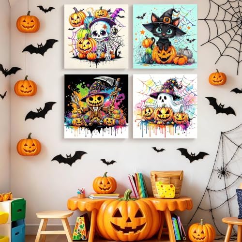 bleihum 4 Pack Halloween Paint by Numbers Kit for Kids with Frame Easel | Ghost Paint by Number Kids Ages 8 12, Easy Black Cat Acrylic Painting for Boys Girls Home Decor 8x8 Inch