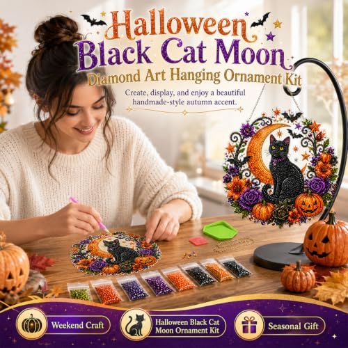 Silkivana Halloween Black Cat Moon Diamond Art Hanging Ornament Kit, Double Sided Faceted Rhinestone Suncatcher, DIY Window Hanging Pendant Decor for Indoor & Outdoor Home Wall Craft