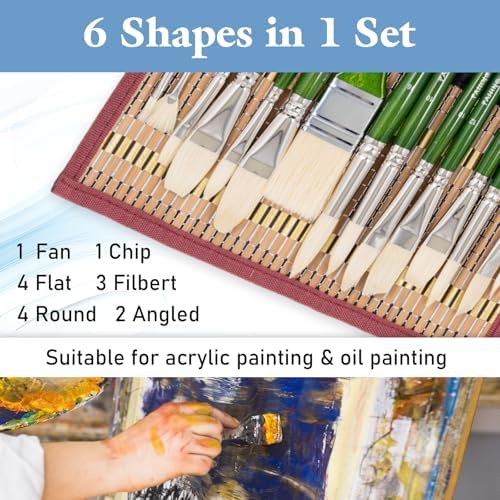 Falling in Art 15 Pcs Professional Oil Paint Brush Set, Natural Hog Bristle