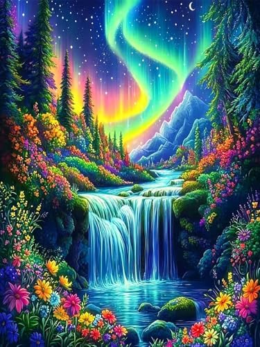 TYPUSOK Aurora Diamond Art Kits for Adults,Waterfall Round Full Drill 5D Diamond Painting Kits for Beginners,Landscape DIY Diamond Dots Pictures Gem Art Kit,Home Wall Decor 12x16in