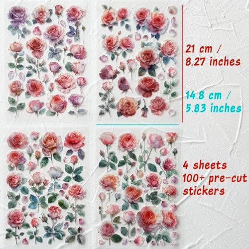Watercolor Roses Stickers for Scrapbooking, Self-Adhesive Flowers Stickers Journal Embellishment Supplies for Art Craft Decorations