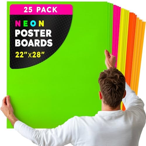 Hygloss Medium Poster Board 22x28 - 25 Assorted Neon Color Bulk Pack - 10 Pt. Thickness Colored Poster Board Paper for Projects, Signs, Displays - Posterboard Multipack 22" x 28"