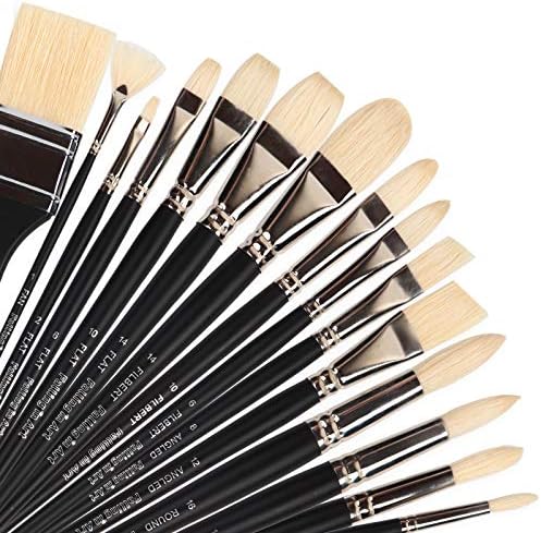 Falling in Art 15 Pcs Professional Oil Paint Brush Set, Natural Hog Bristle