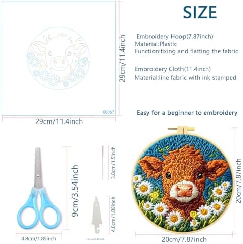 Zhenqing Cow Embroidery Kit for Beginners, Cute Farm Animal Needlework Craft with Pre-Printed Cotton Fabric, Hoop, Threads & Tools, Farmhouse Decor (C0067)