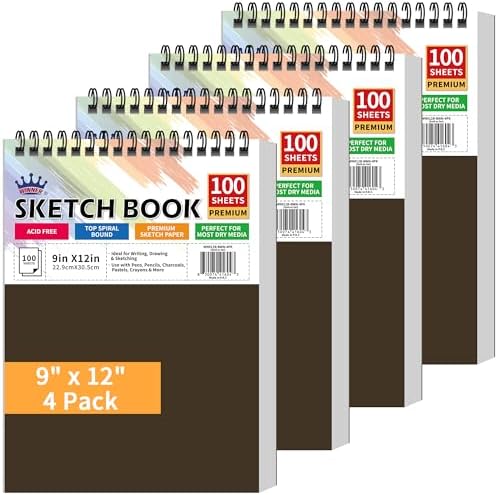 WINNER 9" x 12" Sketch Book 4 Pack, 400 Sheets Spiral Bound Art Sketchbook, 68lb/100gsm White Acid Free Drawing Pad, Sketching Drawing Writing Sketch Pad for Kids, Adults & Artists, Art Supplies