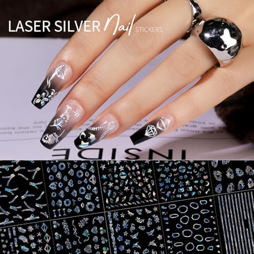 Teenitor 50 Sheets Aurora Nail Stickers for Nail Art, Star Nail Art Stickers for Kids Women, Laser Silver Nail Decals Fingernail Stickers for Holiday, Self-Adhesive Nail Decorations