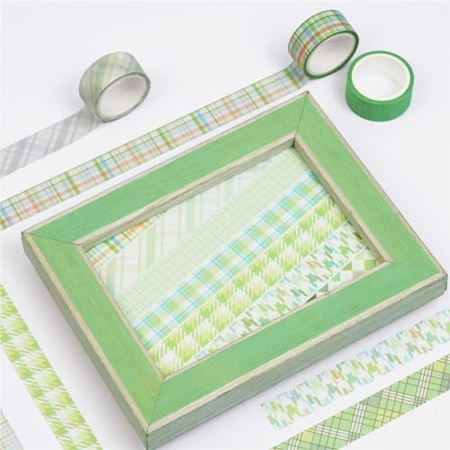 Basic Grid Washi Tape Set 12 Rolls Plaid Decorative Masking Tapes for Arts, DIY Crafts, Journals, Planners, Scrapbook, Wrapping (Green)