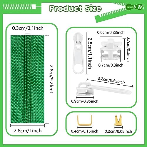 DOITEM 15.3 Yards/ 14 m 5 Pieces Assorted Colors #3 Nylon Coil Zippers, Sewing Zippers Endless Zips with 20 Pieces Zipper Sliders Zip Heads for DIY Sewing Tailor Craft Supplies (Green White)