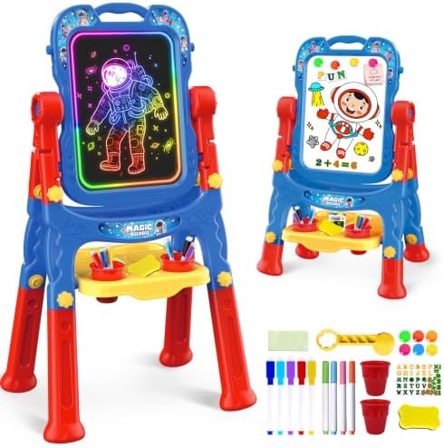 2-in-1 LED Drawing Board, Art Easel for Kids – Adjustable Double-Sided Rotatable Art Easel with Painting Accessories, Preschool Learning Toy for Boys Aged 3-5, Perfect Christmas, Birthday Gift (Blue)