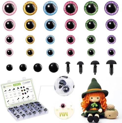 MUCUNNIA 324 Pcs 6-24mm Glitter Safety Eyes Safety Eyes with Washers