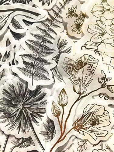 Vintage Zen Botany Flower Washi Sticker Pack, Artsy Natural Black-and-White Plants with Golden Sketch Decals Collection, Wild Plants Gray and Gold Set – 120 Pcs