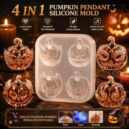 Gothic Wing Jack O Lantern Silicone Resin Mold with Pre-Made Hanging Hole, 4 Cavity Faceted Pumpkin Pendant Epoxy Mold, DIY Jewelry Charm Casting Supplies for Halloween & Christmas Crafts (NG01)