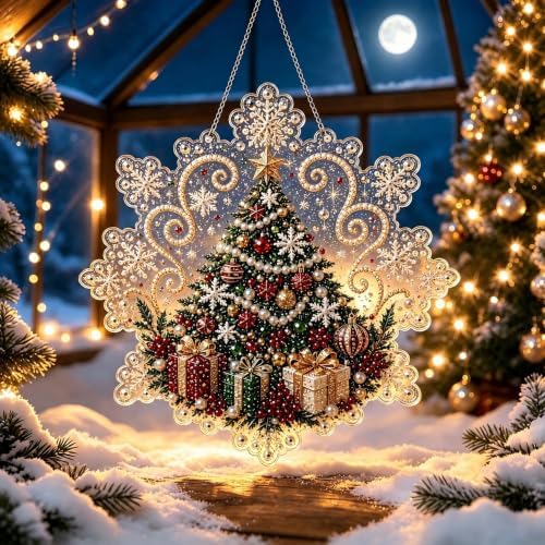 Cheerdox Christmas Pearl Diamond Arts Suncatcher DIY Kit, 5D Diamond Pearl Art Painting Acrylic Round Board with Lace Edge, Christmas Diamond Art Beads Craft Kit for Holiday (Style I)