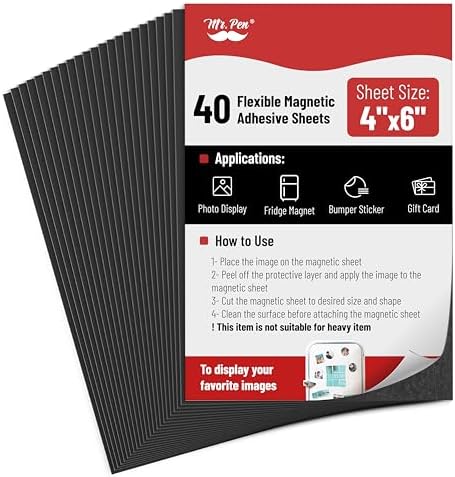 Mr. Pen- Adhesive Magnetic Sheets, 4" x 6", 40 Pack, Cuttable Magnets Flexible Magnet Sheets with Adhesive for Crafts Photos, Classroom Decorations, Easy Peel and Stickers for Planning