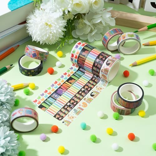 12 Rolls Colorful Books Tearable Adhesive Clear Pattern Washi Tape