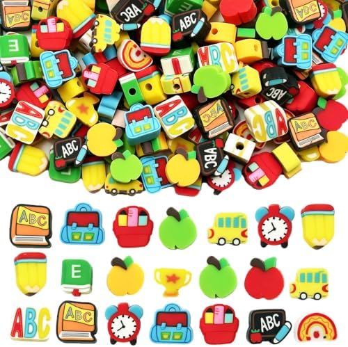 100Pcs Back to School Polymer Clay Beads, Apple Pencil Teacher School Bus Spacer Beads for Bracelet Necklace Making DIY Jewelry Craft Kit Teacher Appreciation Gift School Theme Party Supplies