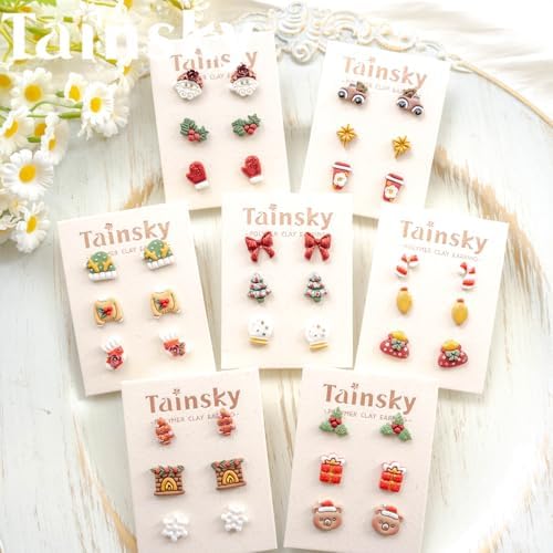 Tainsky 49 Shapes Christmas Studs Clay Earrings Cutters, Christmas Tree Polymer Clay Cutters for Polymer Clay Jewelry