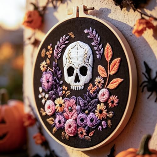 FONNUY Halloween Embroidery Kits for Beginners,Skull Pumpkin Spider Web Floral Stamped Cross Stitch Kit for Adults, Spooky Season Boho Wall Decor, 8'' Hoop (Skull 3)