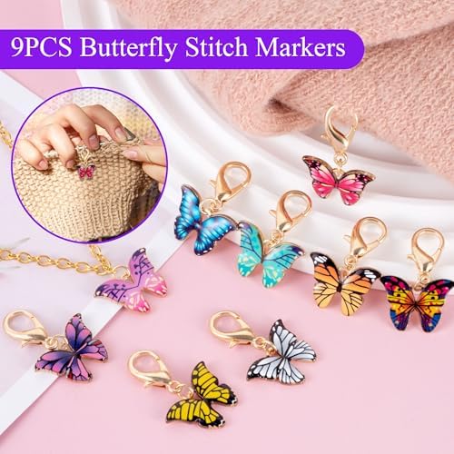 HUISUYTON 4Pcs Handmade Crochet Ring with 10 Pcs Butterfly Stitch Marker