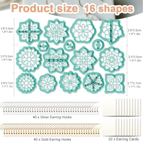 beinkmake 16Pcs Mandala Flower Polymer Clay Cutters Set Bloom Clay Earrings Cutters for Adults Polymer Jewelry Cutter with Earrings Accessories DIY Craft Supplies